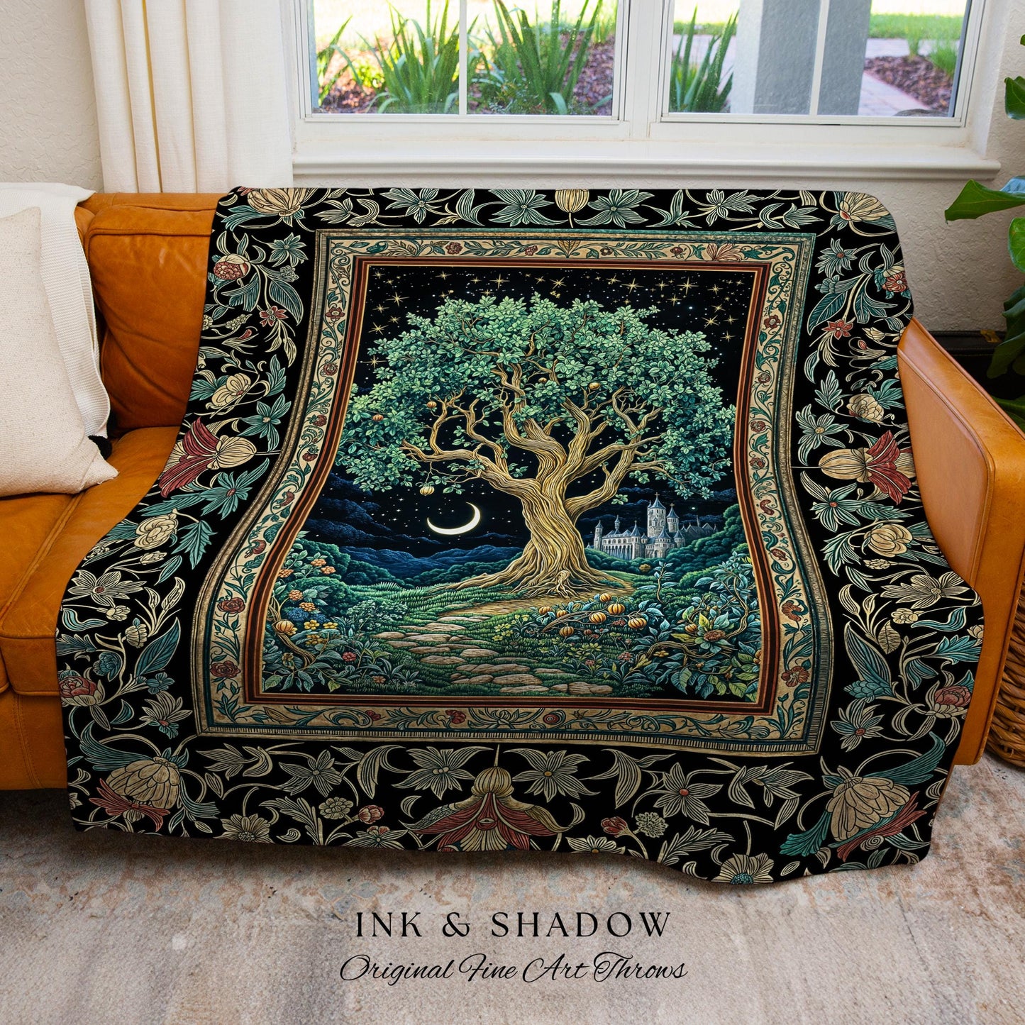 Fantasy Castle Tree of Life Throw Blanket | Celestial Moon Decor Star Garden Design Folklore Inspired Tapestry Enchanted Forest Medieval |