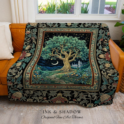Fantasy Castle Tree of Life Throw Blanket | Celestial Moon Decor Star Garden Design Folklore Inspired Tapestry Enchanted Forest Medieval |