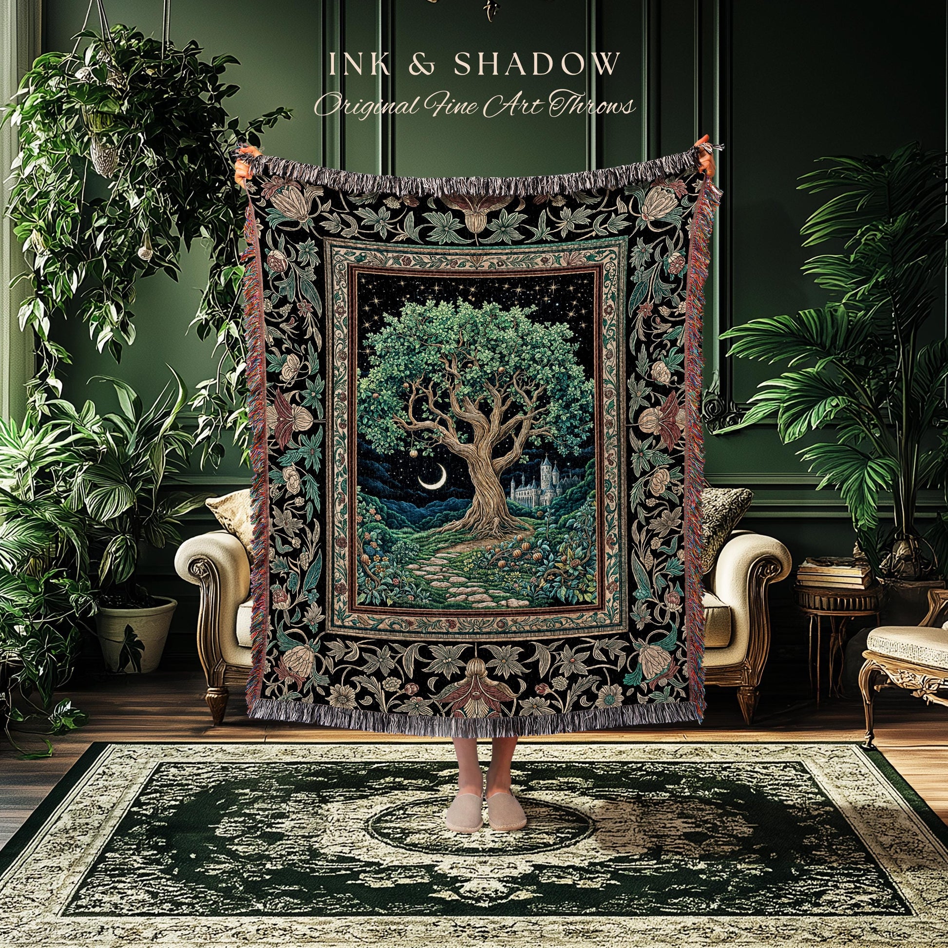 Fantasy Castle Tree of Life Throw Blanket | Celestial Moon Decor Star Garden Design Folklore Inspired Tapestry Enchanted Forest Medieval |