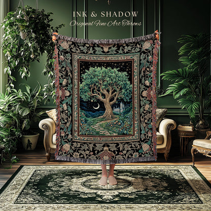 Fantasy Castle Tree of Life Throw Blanket | Celestial Moon Decor Star Garden Design Folklore Inspired Tapestry Enchanted Forest Medieval |