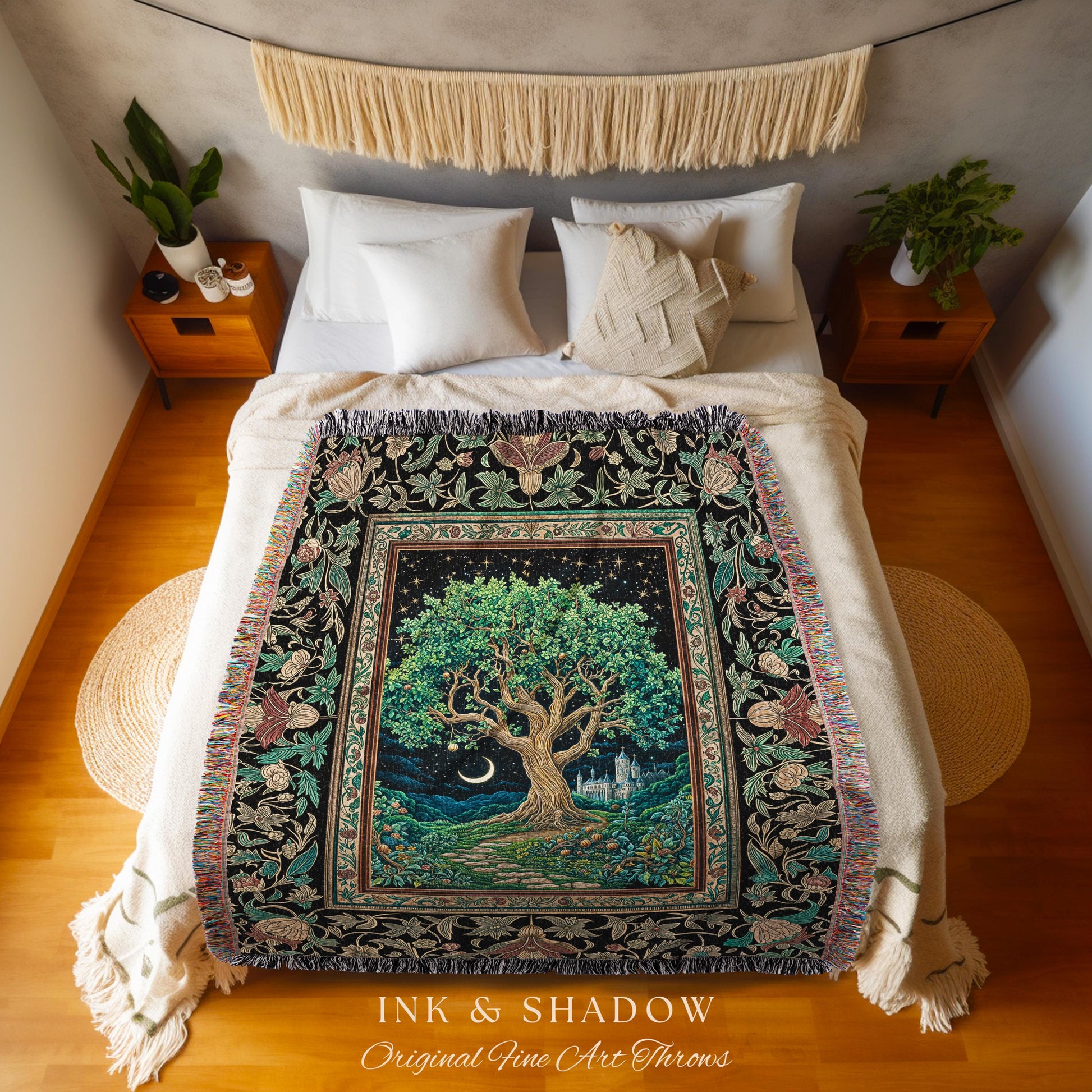 Fantasy Castle Tree of Life Throw Blanket | Celestial Moon Decor Star Garden Design Folklore Inspired Tapestry Enchanted Forest Medieval |