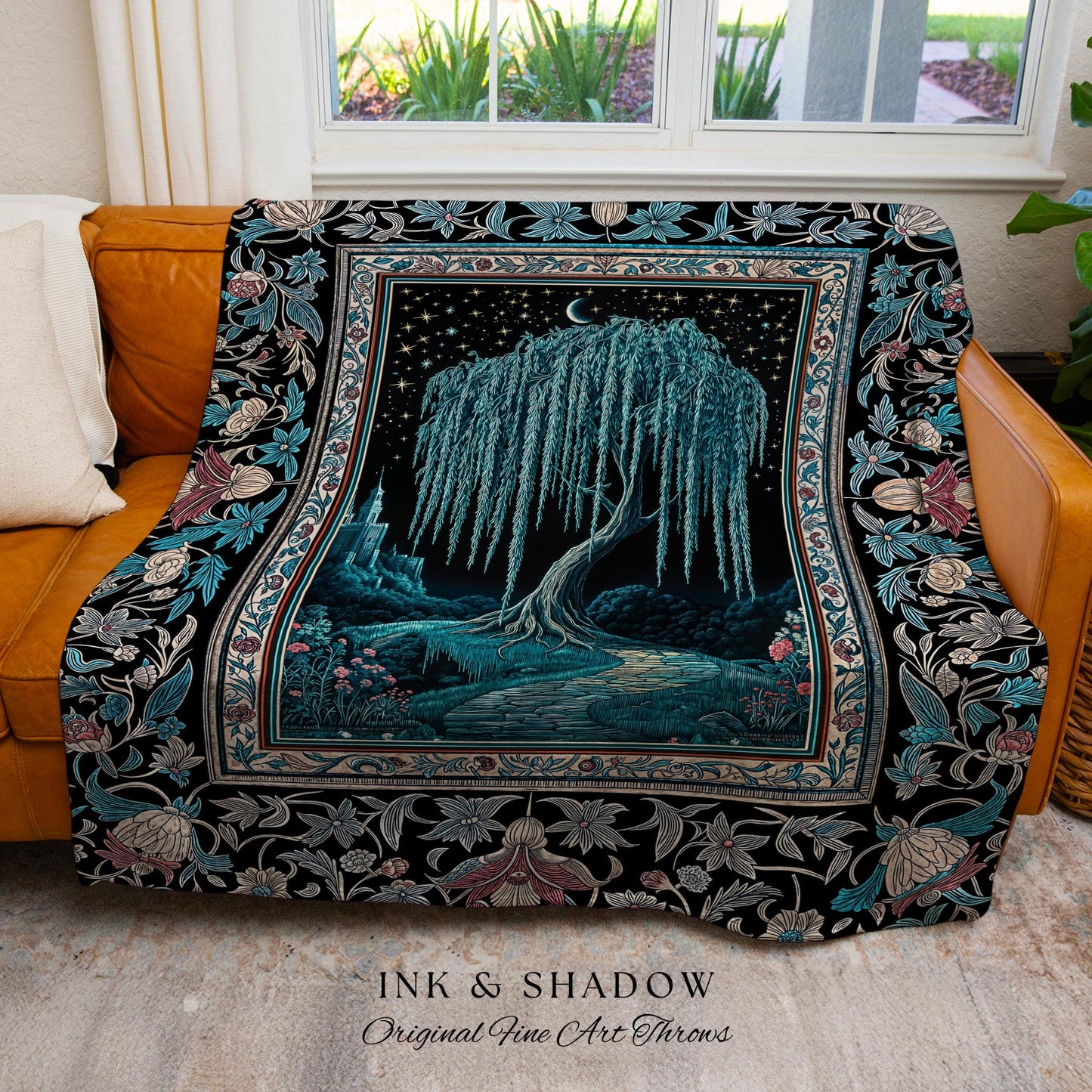 Mystic Weeping Willow Throw Blanket | Moonlit Castle Moody Starry Night Woodland Folklore Fantasy Dark Academia Woven Tapestry Decor Dreamy