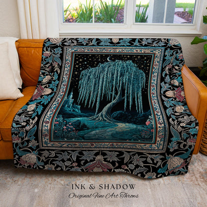 Mystic Weeping Willow Throw Blanket | Moonlit Castle Moody Starry Night Woodland Folklore Fantasy Dark Academia Woven Tapestry Decor Dreamy
