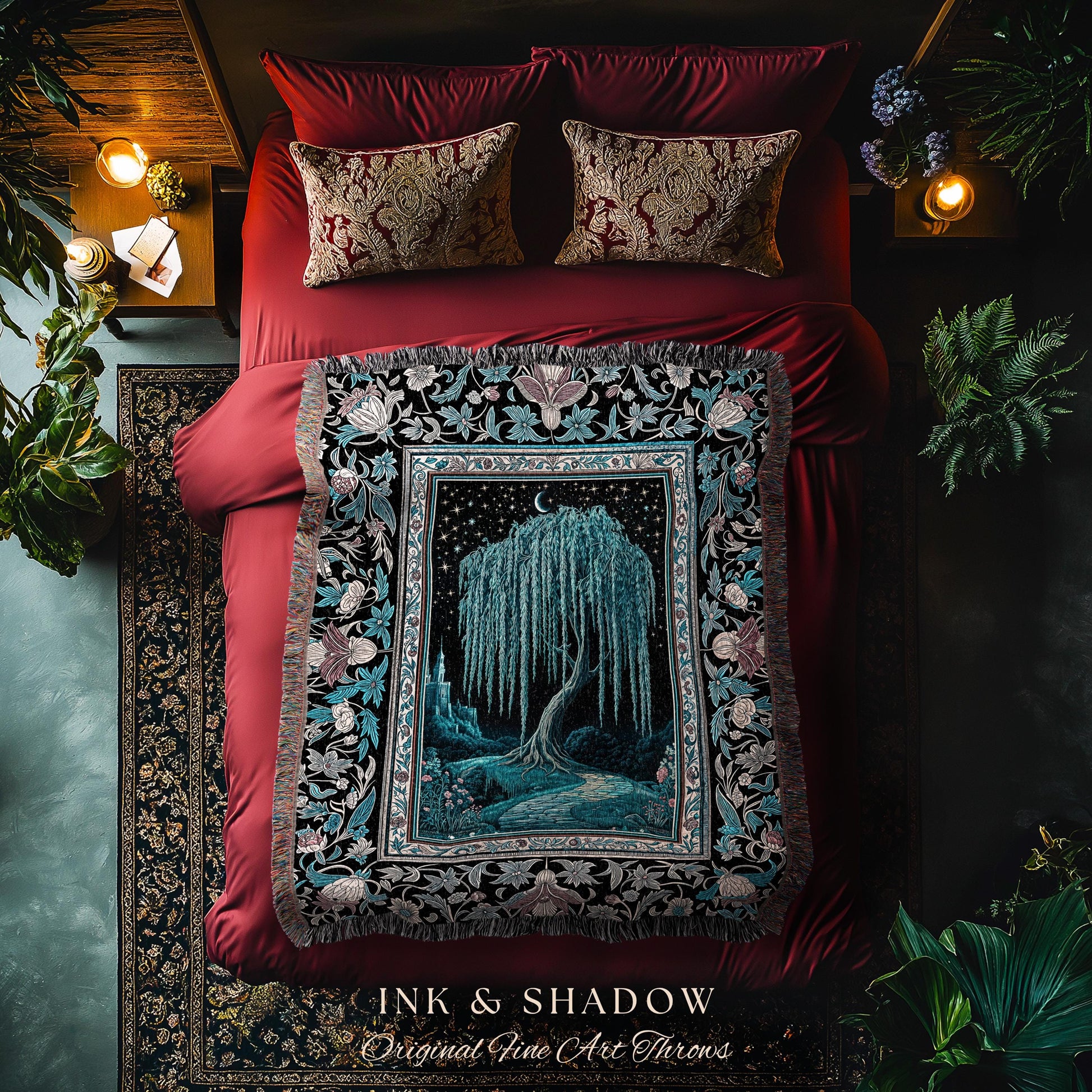 Mystic Weeping Willow Throw Blanket | Moonlit Castle Moody Starry Night Woodland Folklore Fantasy Dark Academia Woven Tapestry Decor Dreamy