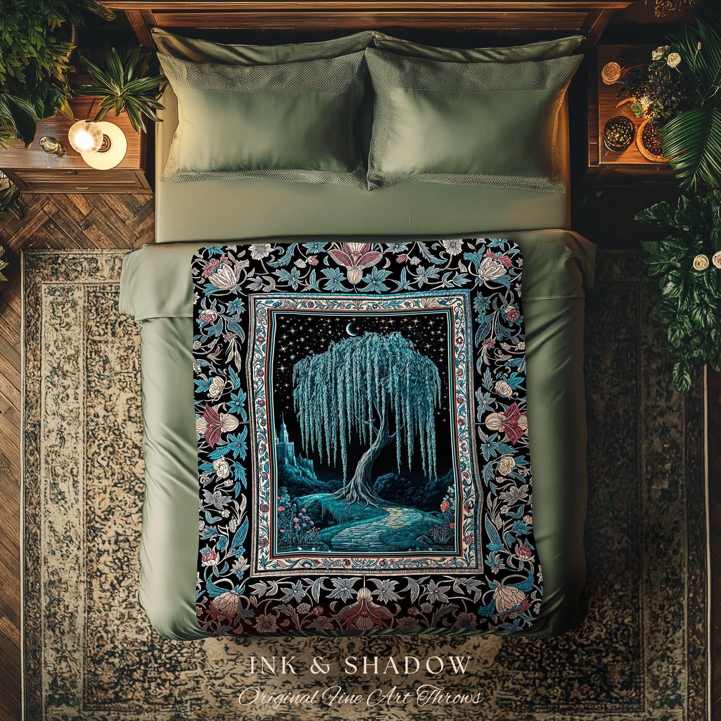 Mystic Weeping Willow Throw Blanket | Moonlit Castle Moody Starry Night Woodland Folklore Fantasy Dark Academia Woven Tapestry Decor Dreamy