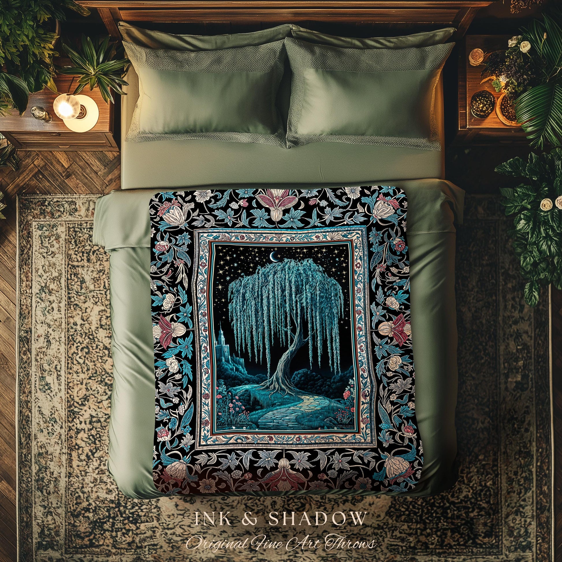 Mystic Weeping Willow Throw Blanket | Moonlit Castle Moody Starry Night Woodland Folklore Fantasy Dark Academia Woven Tapestry Decor Dreamy