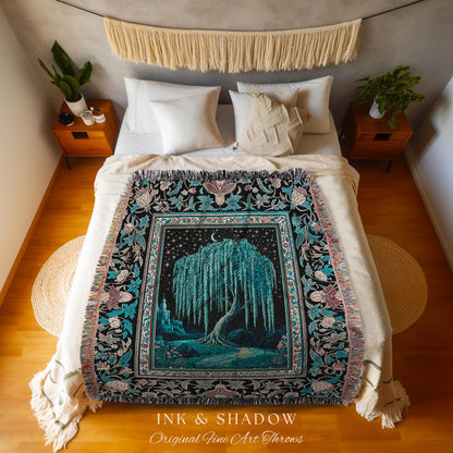 Mystic Weeping Willow Throw Blanket | Moonlit Castle Moody Starry Night Woodland Folklore Fantasy Dark Academia Woven Tapestry Decor Dreamy