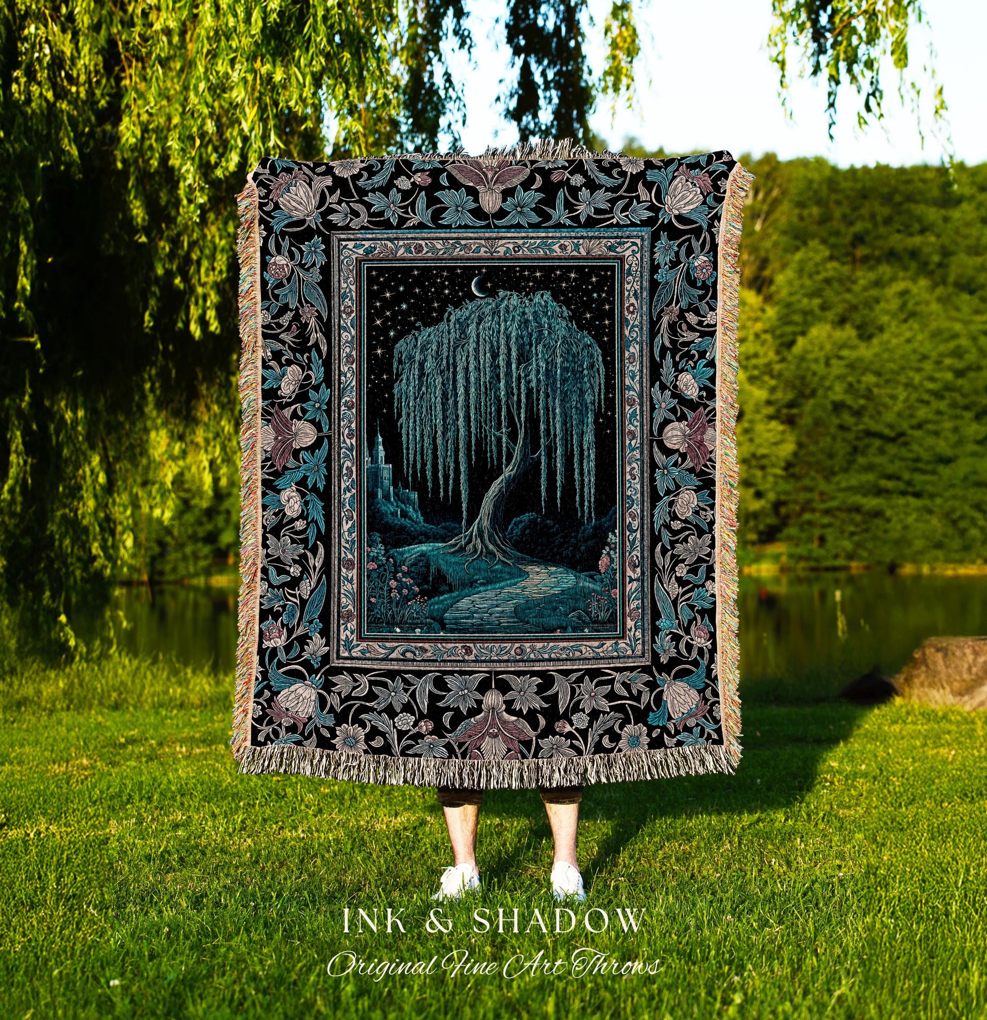 Mystic Weeping Willow Throw Blanket | Moonlit Castle Moody Starry Night Woodland Folklore Fantasy Dark Academia Woven Tapestry Decor Dreamy