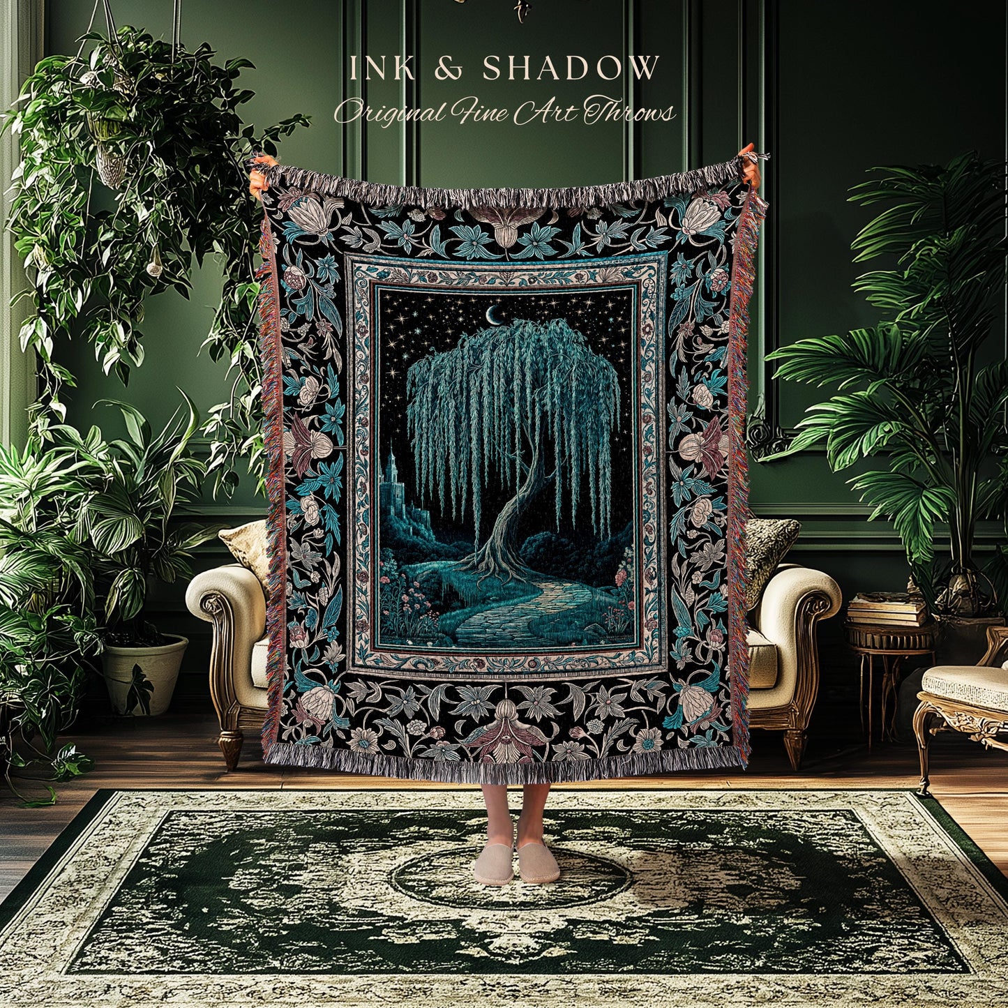 Mystic Weeping Willow Throw Blanket | Moonlit Castle Moody Starry Night Woodland Folklore Fantasy Dark Academia Woven Tapestry Decor Dreamy
