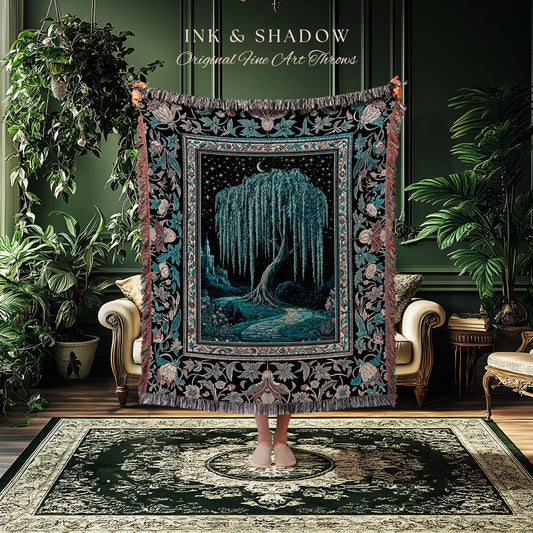 Mystic Weeping Willow Throw Blanket | Moonlit Castle Moody Starry Night Woodland Folklore Fantasy Dark Academia Woven Tapestry Decor Dreamy