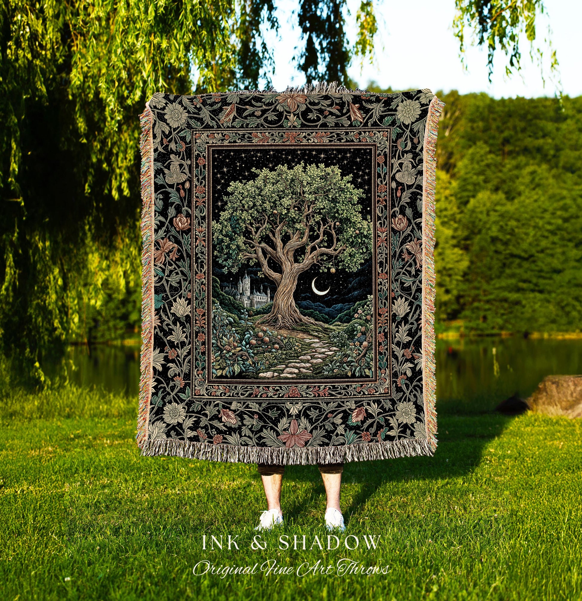 Fairytale Castle Tree of Life Throw Blanket | Celestial Forest Landscape Starry Sky Witchy Aesthetic Mystical Cottagecore Woven Tapestry |