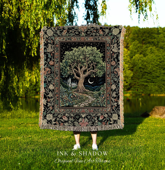 Fairytale Castle Tree of Life Throw Blanket | Celestial Forest Landscape Starry Sky Witchy Aesthetic Mystical Cottagecore Woven Tapestry |