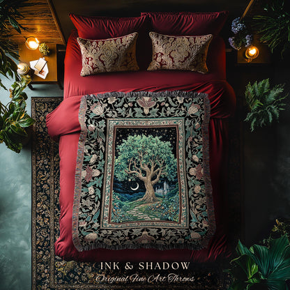 Fantasy Castle Tree of Life Throw Blanket | Celestial Moon Decor Star Garden Design Folklore Inspired Tapestry Enchanted Forest Medieval |