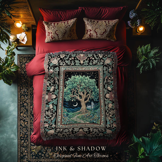 Fantasy Castle Tree of Life Throw Blanket | Celestial Moon Decor Star Garden Design Folklore Inspired Tapestry Enchanted Forest Medieval |