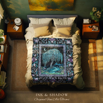Dreamy Willow Tree Moody Throw Blanket | Enchanted Aesthetic Celestial Folklore Storybook Witchy Home Accent Dark Academia Medieval Tapestry
