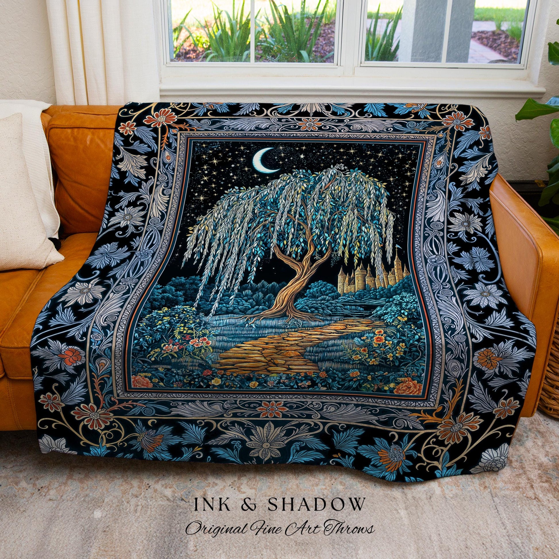 Crescent Moon Medieval Forest Blanket | Weeping Willow Tree Fairytale Castle Garden Folklore Decor Celestial Woven Tapestry Witchcore Throw
