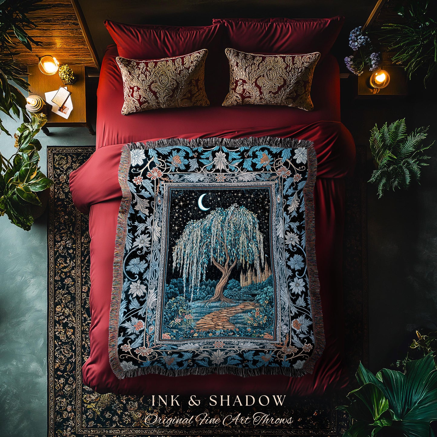 Crescent Moon Medieval Forest Blanket | Weeping Willow Tree Fairytale Castle Garden Folklore Decor Celestial Woven Tapestry Witchcore Throw