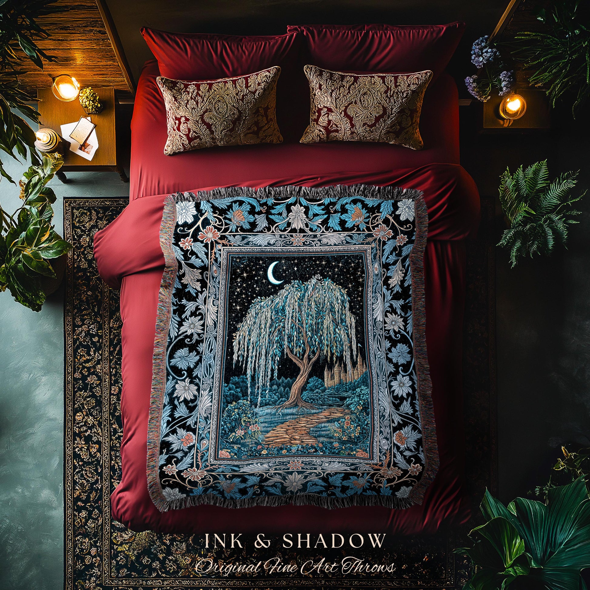 Crescent Moon Medieval Forest Blanket | Weeping Willow Tree Fairytale Castle Garden Folklore Decor Celestial Woven Tapestry Witchcore Throw
