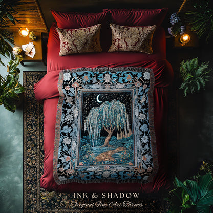 Crescent Moon Medieval Forest Blanket | Weeping Willow Tree Fairytale Castle Garden Folklore Decor Celestial Woven Tapestry Witchcore Throw