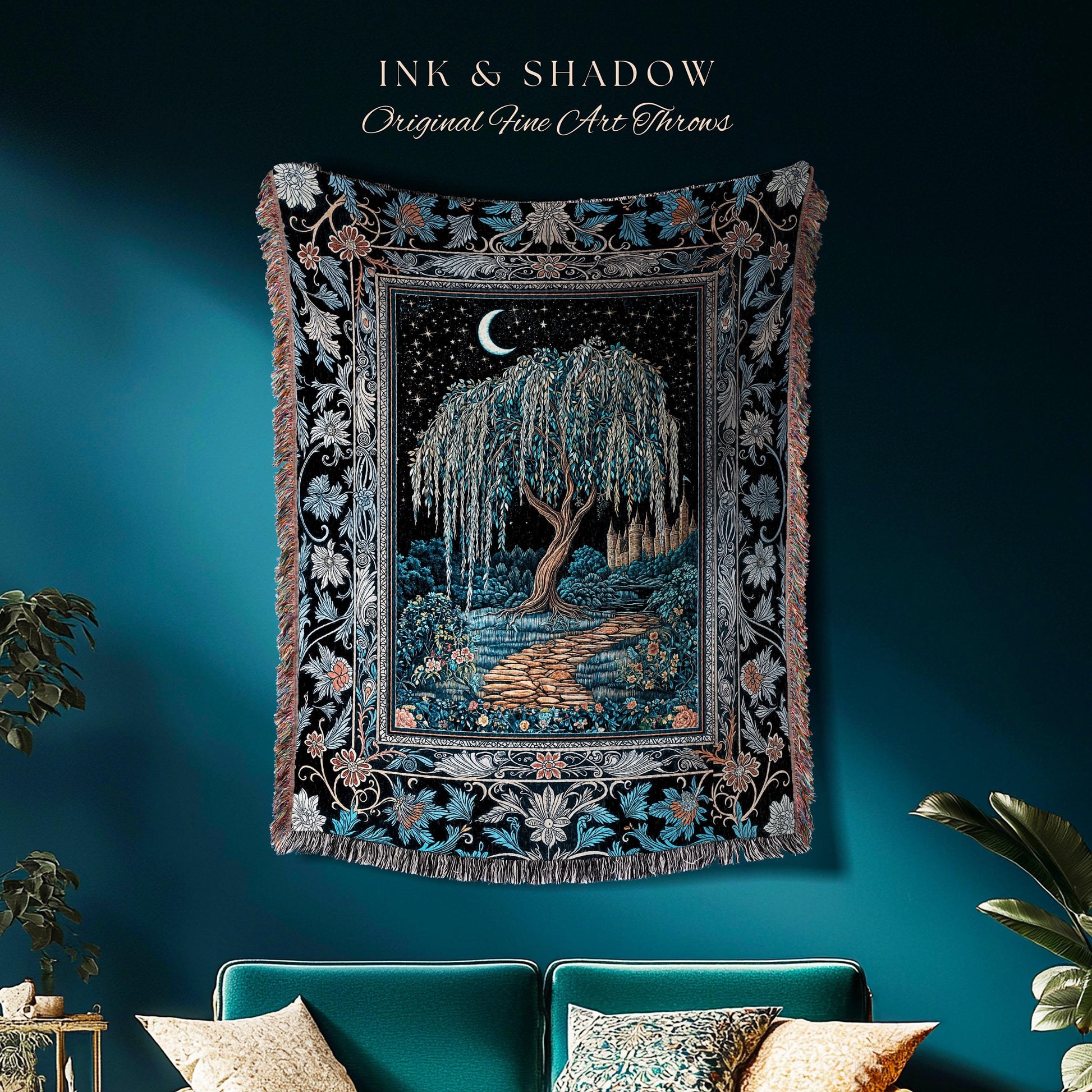 Crescent Moon Medieval Forest Blanket | Weeping Willow Tree Fairytale Castle Garden Folklore Decor Celestial Woven Tapestry Witchcore Throw