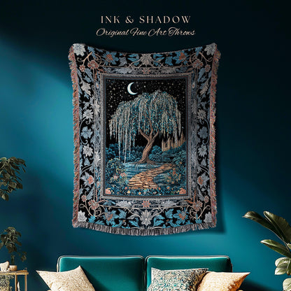 Crescent Moon Medieval Forest Blanket | Weeping Willow Tree Fairytale Castle Garden Folklore Decor Celestial Woven Tapestry Witchcore Throw