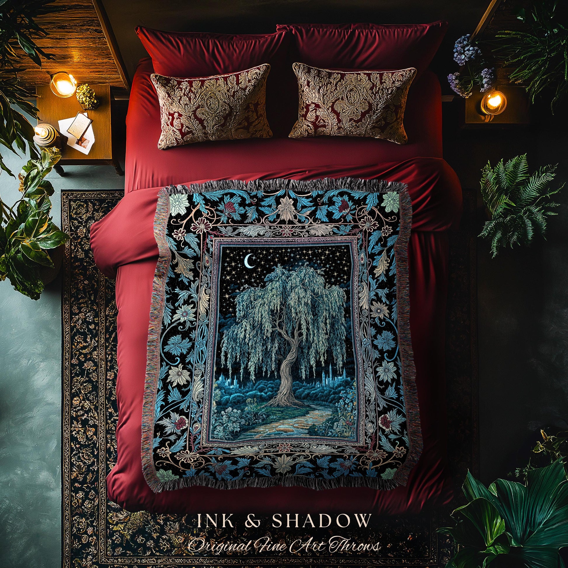 Starry Night Weeping Willow Tree Blanket | Woodland Folklore Aesthetic Moonlit Castle Fairytale Decor Ethereal Witchy Woven Wall Tapestry |