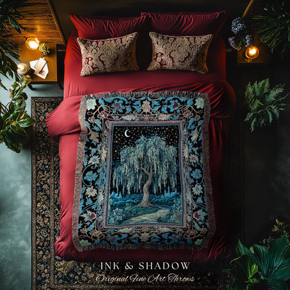 Starry Night Weeping Willow Tree Blanket | Woodland Folklore Aesthetic Moonlit Castle Fairytale Decor Ethereal Witchy Woven Wall Tapestry |
