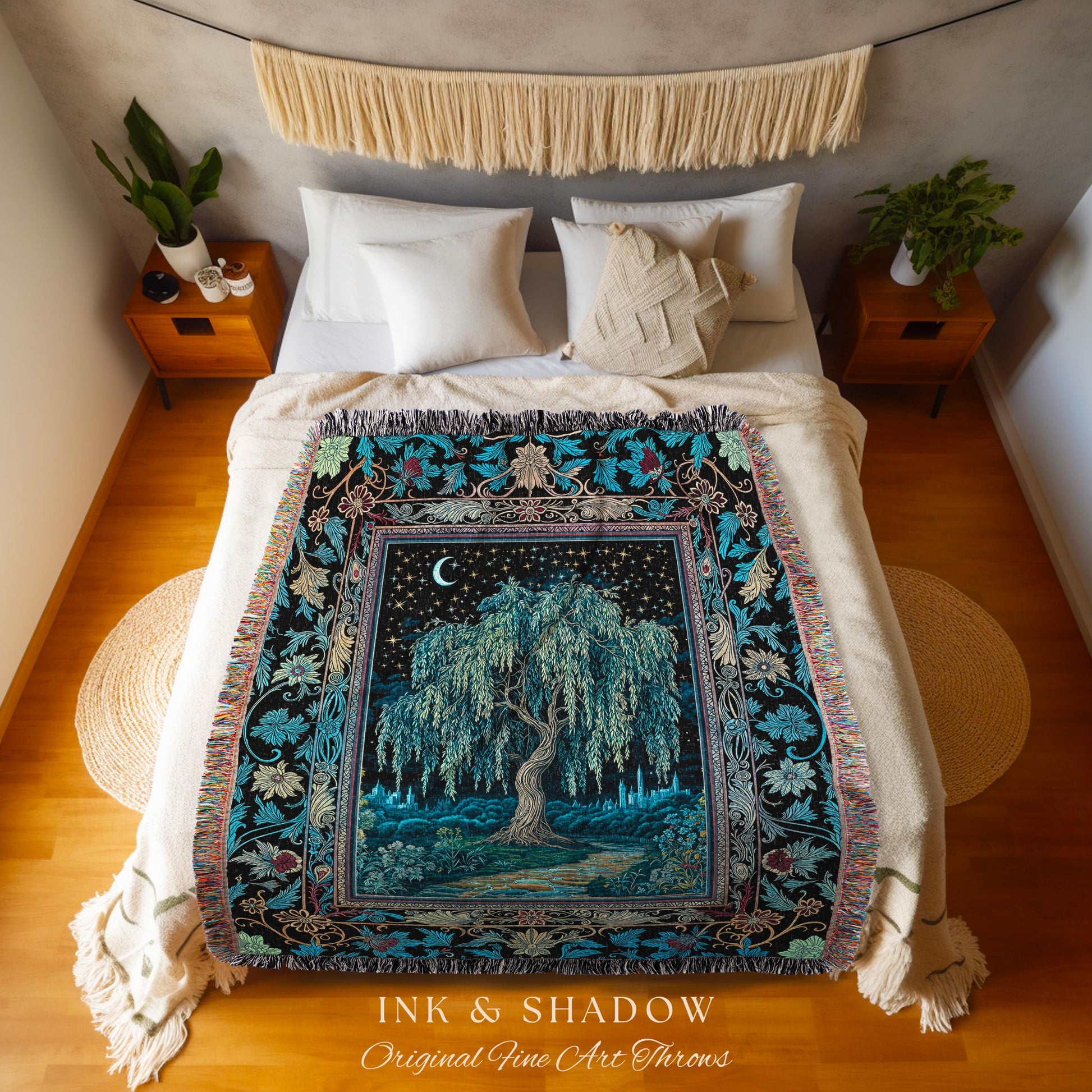 Starry Night Weeping Willow Tree Blanket | Woodland Folklore Aesthetic Moonlit Castle Fairytale Decor Ethereal Witchy Woven Wall Tapestry |
