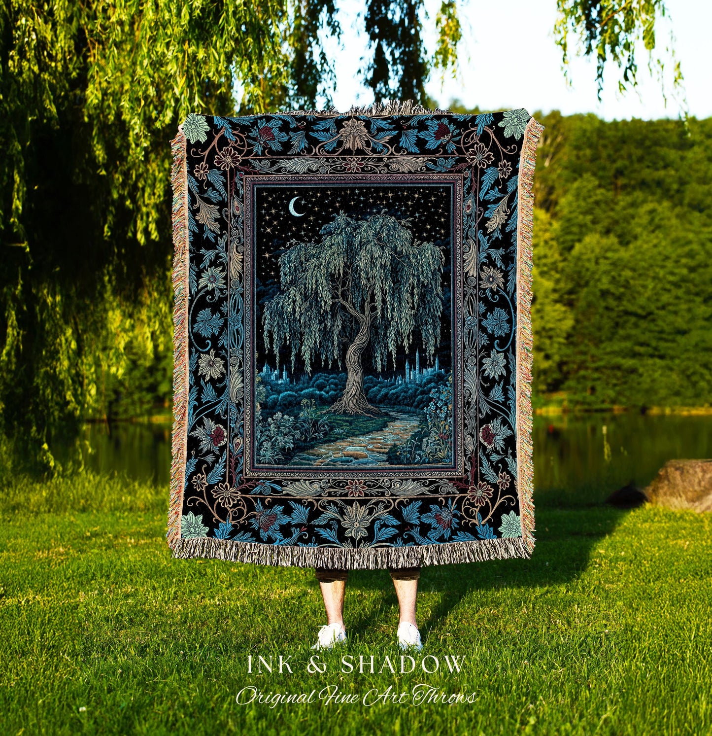 Starry Night Weeping Willow Tree Blanket | Woodland Folklore Aesthetic Moonlit Castle Fairytale Decor Ethereal Witchy Woven Wall Tapestry |