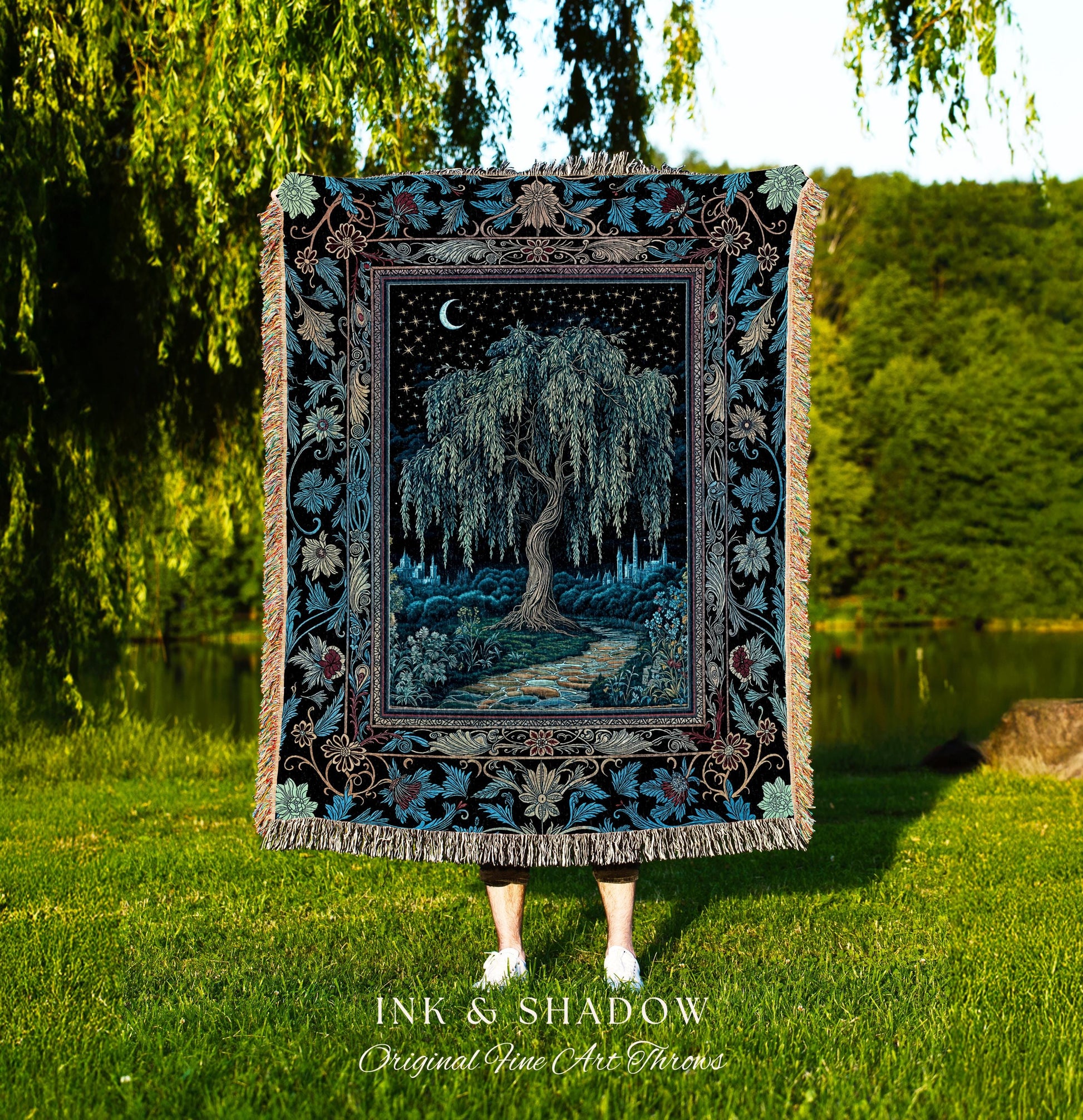 Starry Night Weeping Willow Tree Blanket | Woodland Folklore Aesthetic Moonlit Castle Fairytale Decor Ethereal Witchy Woven Wall Tapestry |