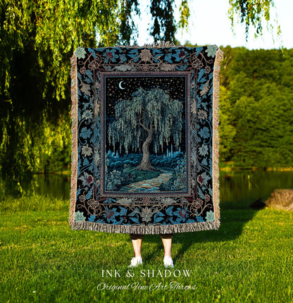 Starry Night Weeping Willow Tree Blanket | Woodland Folklore Aesthetic Moonlit Castle Fairytale Decor Ethereal Witchy Woven Wall Tapestry |