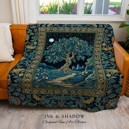 Enchanted Woodland Path Throw Blanket | Dreamy Moonlit Medieval Garden Decor Celestial Willow Tree Fantasy Style Gothic Woven Wall Tapestry
