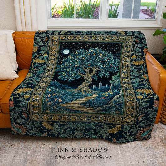 Enchanted Woodland Path Throw Blanket | Dreamy Moonlit Medieval Garden Decor Celestial Willow Tree Fantasy Style Gothic Woven Wall Tapestry