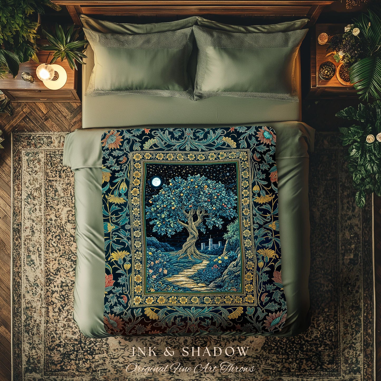 Enchanted Woodland Path Throw Blanket | Dreamy Moonlit Medieval Garden Decor Celestial Willow Tree Fantasy Style Gothic Woven Wall Tapestry