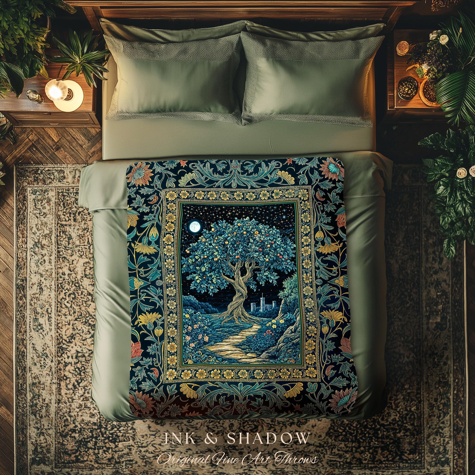 Enchanted Woodland Path Throw Blanket | Dreamy Moonlit Medieval Garden Decor Celestial Willow Tree Fantasy Style Gothic Woven Wall Tapestry