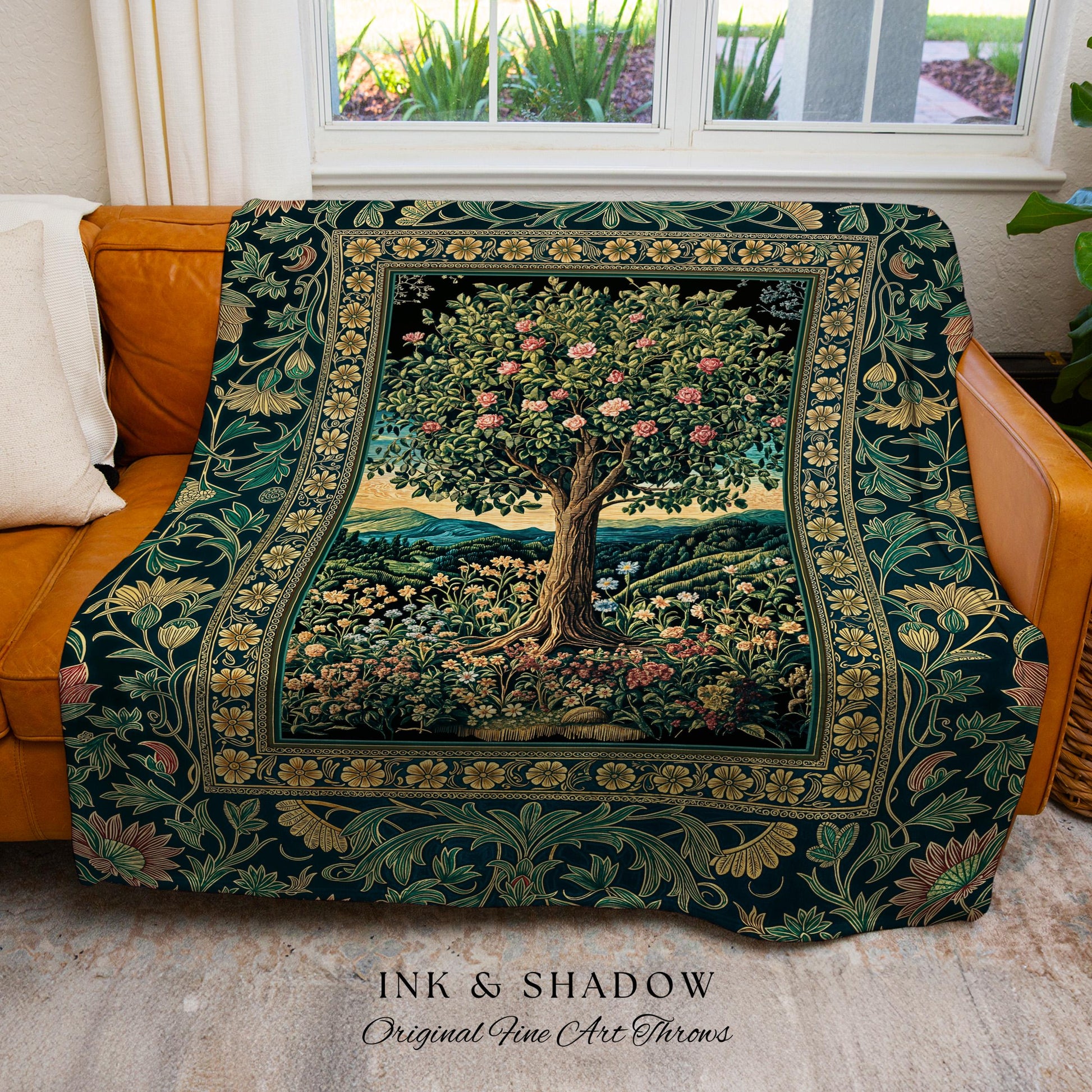 Countryside Sunset Tree of Life Blanket | Elegant Floral Landscape Wildflower Decor Nature Inspired Cottagecore Woven Tapestry Storybook |