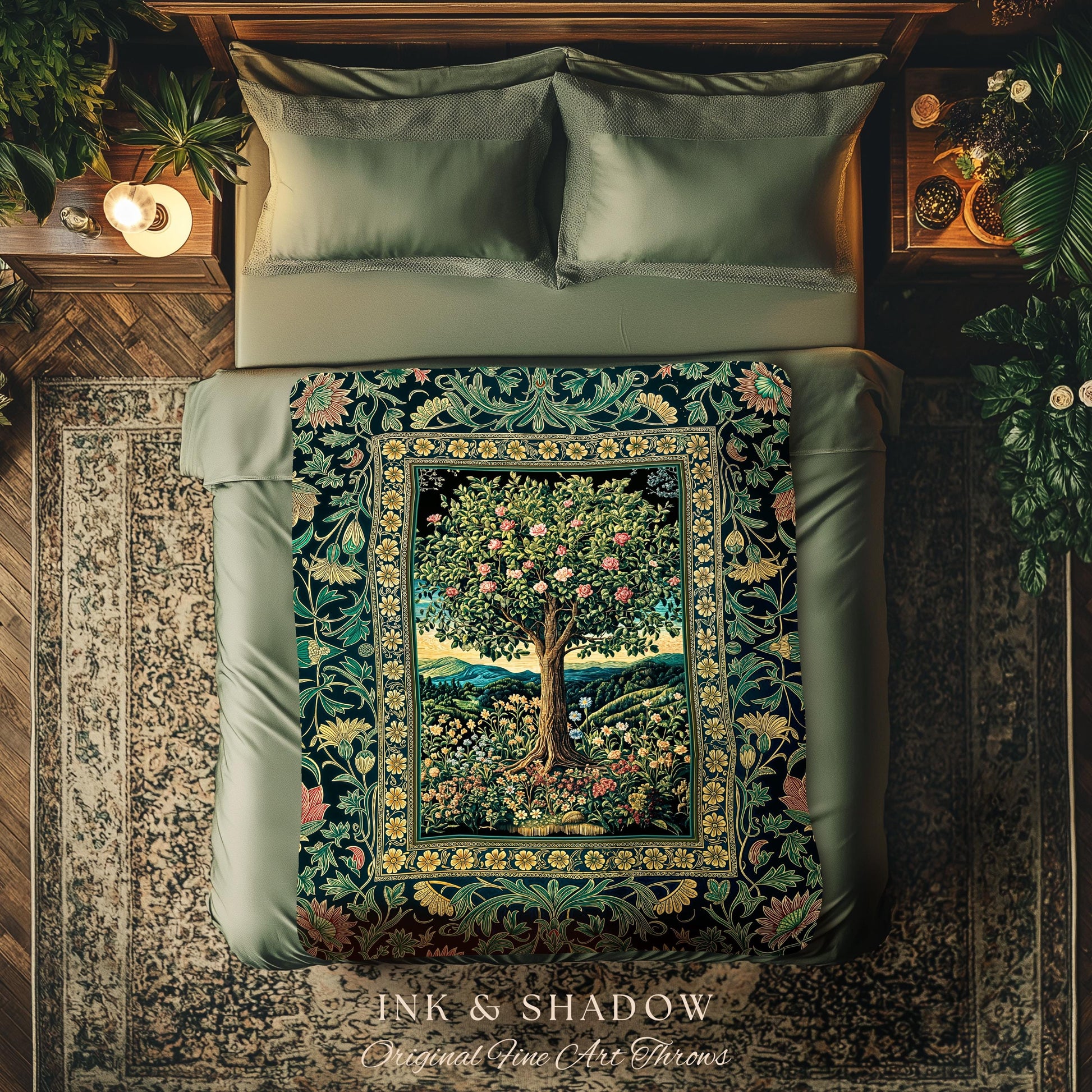 Countryside Sunset Tree of Life Blanket | Elegant Floral Landscape Wildflower Decor Nature Inspired Cottagecore Woven Tapestry Storybook |