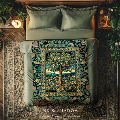 Countryside Sunset Tree of Life Blanket | Elegant Floral Landscape Wildflower Decor Nature Inspired Cottagecore Woven Tapestry Storybook |