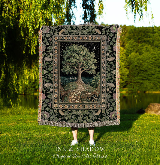 Cottagecore Moonlit Meadow Tapestry | Floral Garden Classic Pastoral Landscape Tree of Life Home Throw Blanket Aesthetic Fairytale Folklore