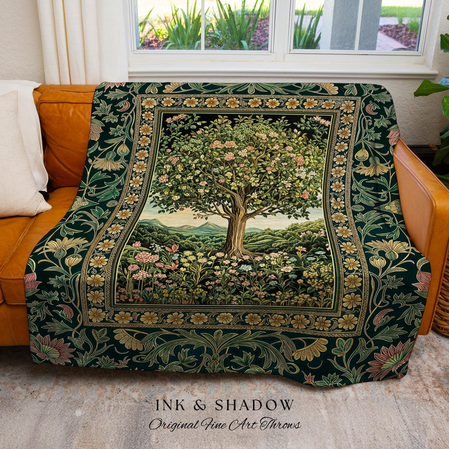 Pastoral Wildflower Garden Tree Tapestry | Floral Mountain Decor Romantic Landscape Woven Throw Blanket Botanical Romantic Cottagecore Art |