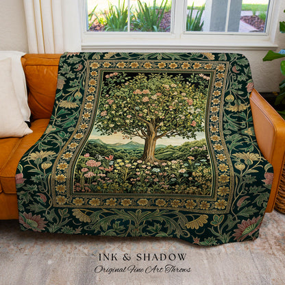 Pastoral Wildflower Garden Tree Tapestry | Floral Mountain Decor Romantic Landscape Woven Throw Blanket Botanical Romantic Cottagecore Art |