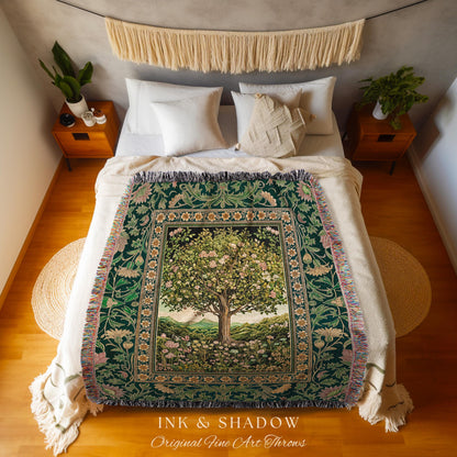 Pastoral Wildflower Garden Tree Tapestry | Floral Mountain Decor Romantic Landscape Woven Throw Blanket Botanical Romantic Cottagecore Art |