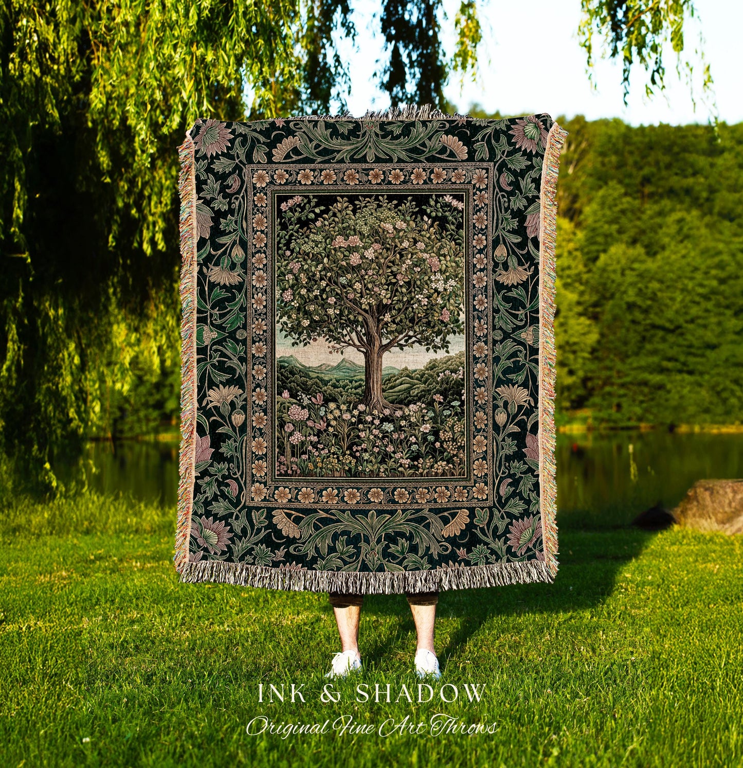 Pastoral Wildflower Garden Tree Tapestry | Floral Mountain Decor Romantic Landscape Woven Throw Blanket Botanical Romantic Cottagecore Art |