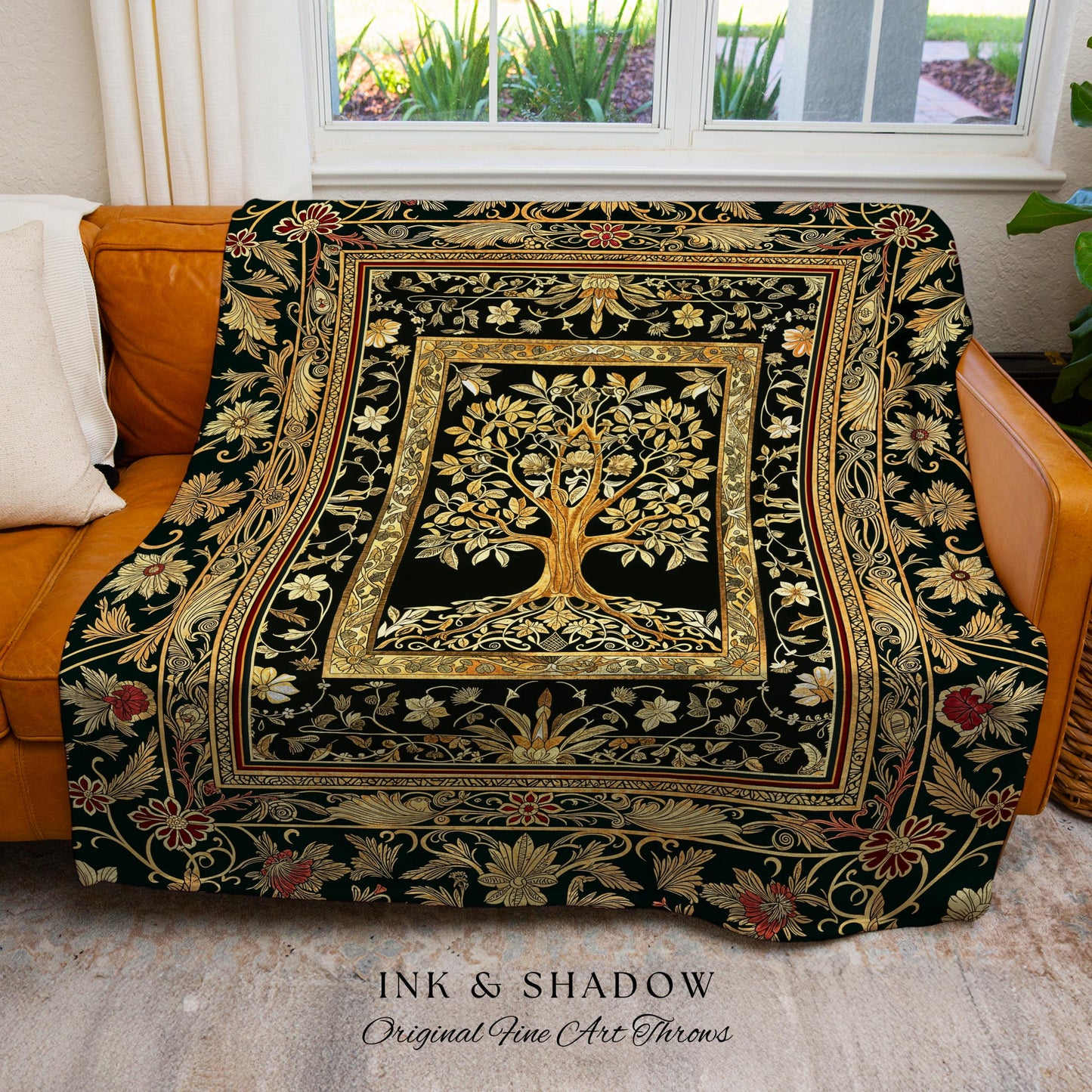 Regal Golden Tree of Life Wall Tapestry | Gilt Border Ornate Medieval Design Folklore Style Woodland Decor Maximalist Throw Blanket Nordic |