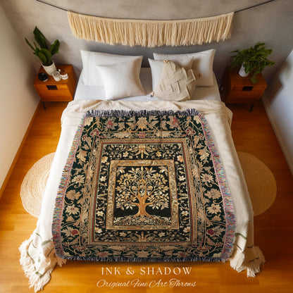 Regal Golden Tree of Life Wall Tapestry | Gilt Border Ornate Medieval Design Folklore Style Woodland Decor Maximalist Throw Blanket Nordic |