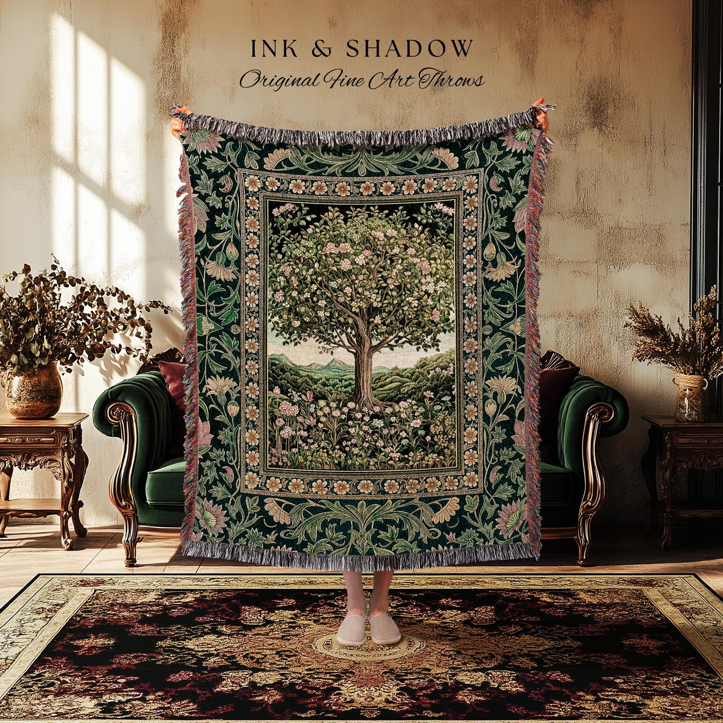 Pastoral Wildflower Garden Tree Tapestry | Floral Mountain Decor Romantic Landscape Woven Throw Blanket Botanical Romantic Cottagecore Art |