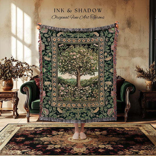 Pastoral Wildflower Garden Tree Tapestry | Floral Mountain Decor Romantic Landscape Woven Throw Blanket Botanical Romantic Cottagecore Art |