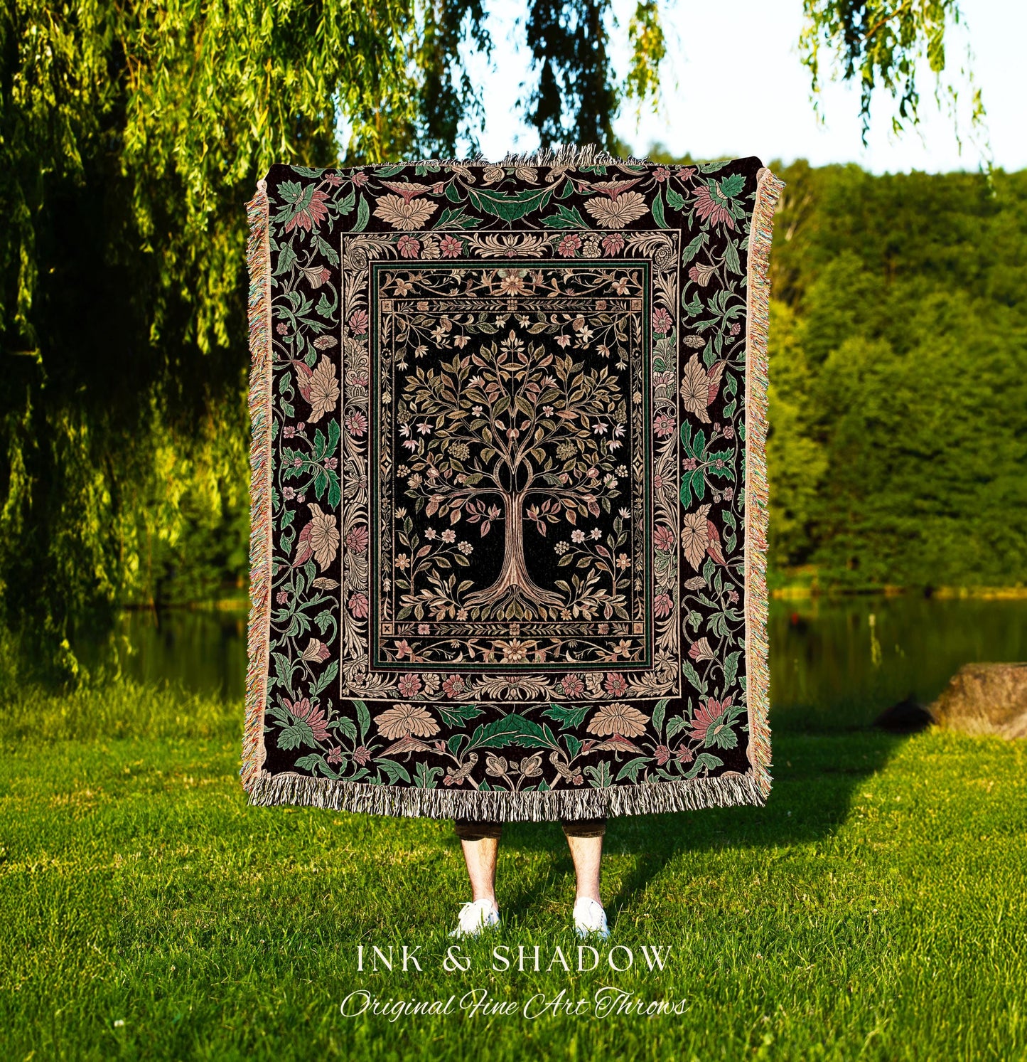 Whimsical Floral Tree of Life Throw Blanket | Eclectic Botanical Ornate Baroque Border Pastel Woven Tapestry Traditional Folk Art Boho Decor