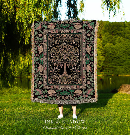 Whimsical Floral Tree of Life Throw Blanket | Eclectic Botanical Ornate Baroque Border Pastel Woven Tapestry Traditional Folk Art Boho Decor