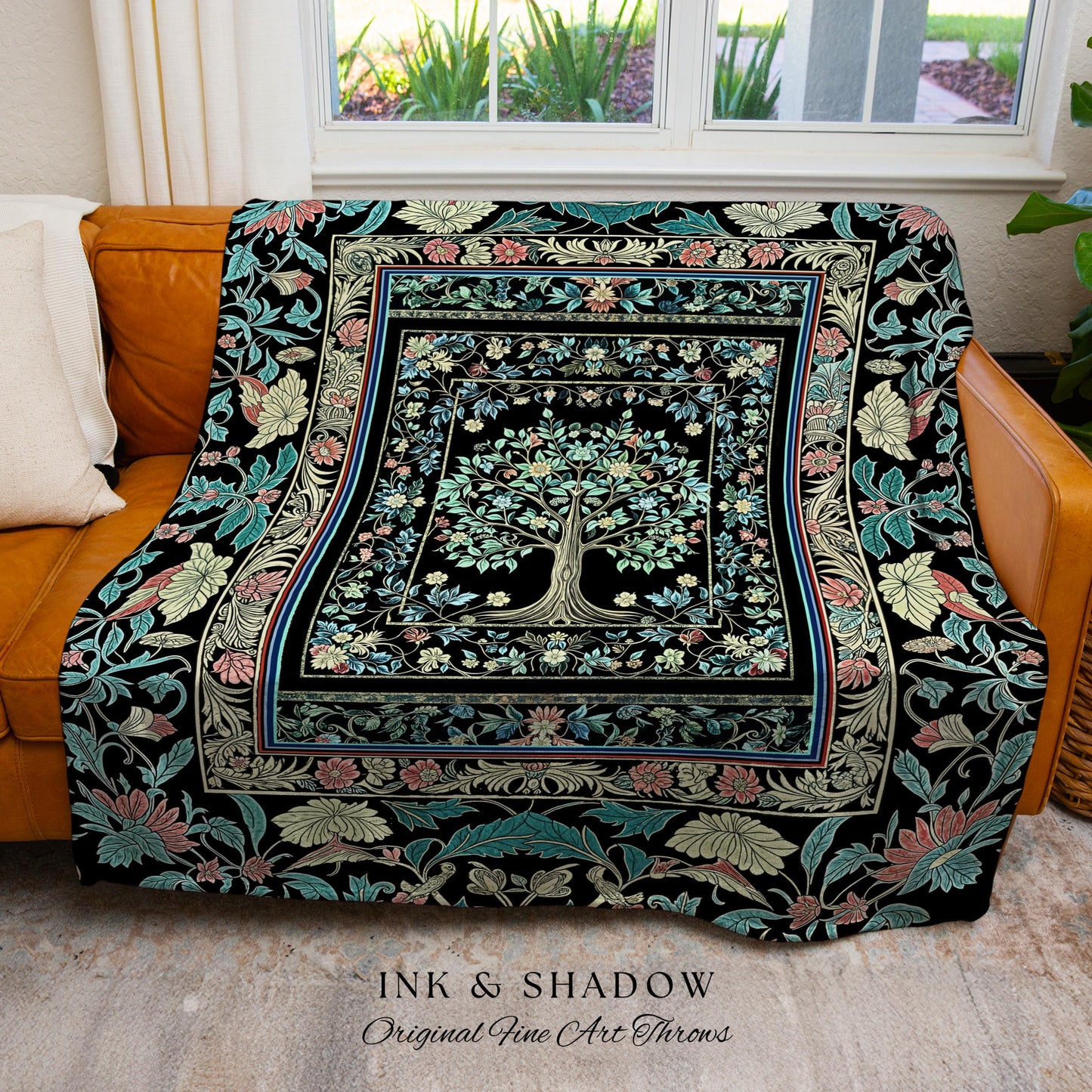 Dark Gothic Pastel Tree of Life Woven Tapestry | Ornate Floral Border Whimsical Botanical Pattern Folk Garden Style Classic Throw Blanket |
